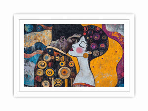 Modern romantic couple canvas art with yellow and patterned details for bedroom decor.