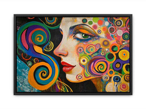 Colourful abstract woman portrait canvas art with spirals for modern living room decor.