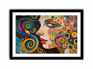 Colourful abstract woman portrait canvas art with spirals for modern living room decor.