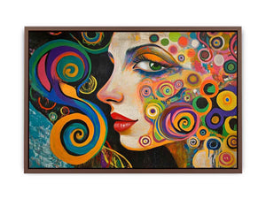 Colourful abstract woman portrait canvas art with spirals for modern living room decor.