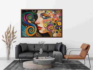 Colourful abstract woman portrait canvas art with spirals for modern living room decor.