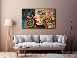 Colourful abstract woman portrait canvas art with spirals for modern living room decor.