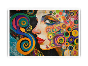 Colourful abstract woman portrait canvas art with spirals for modern living room decor.