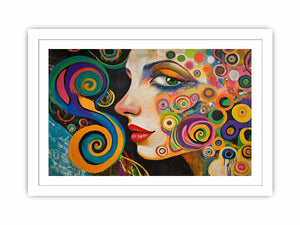 Colourful abstract woman portrait canvas art with spirals for modern living room decor.