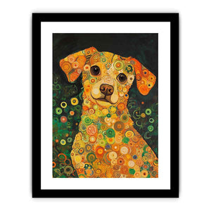 Colourful dog portrait canvas art with warm circles for playful modern home decor.