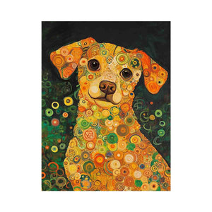 Colourful dog portrait canvas art with warm circles for playful modern home decor.