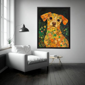 Colourful dog portrait canvas art with warm circles for playful modern home decor.