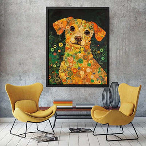 Colourful dog portrait canvas art with warm circles for playful modern home decor.
