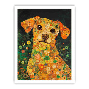 Colourful dog portrait canvas art with warm circles for playful modern home decor.