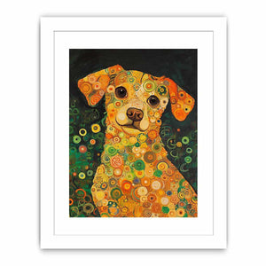 Colourful dog portrait canvas art with warm circles for playful modern home decor.