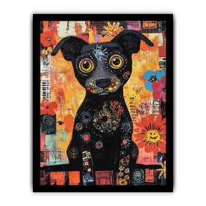 Playful black dog canvas art with colourful flowers for cheerful modern home decor.