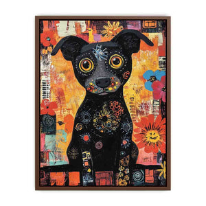 Playful black dog canvas art with colourful flowers for cheerful modern home decor.