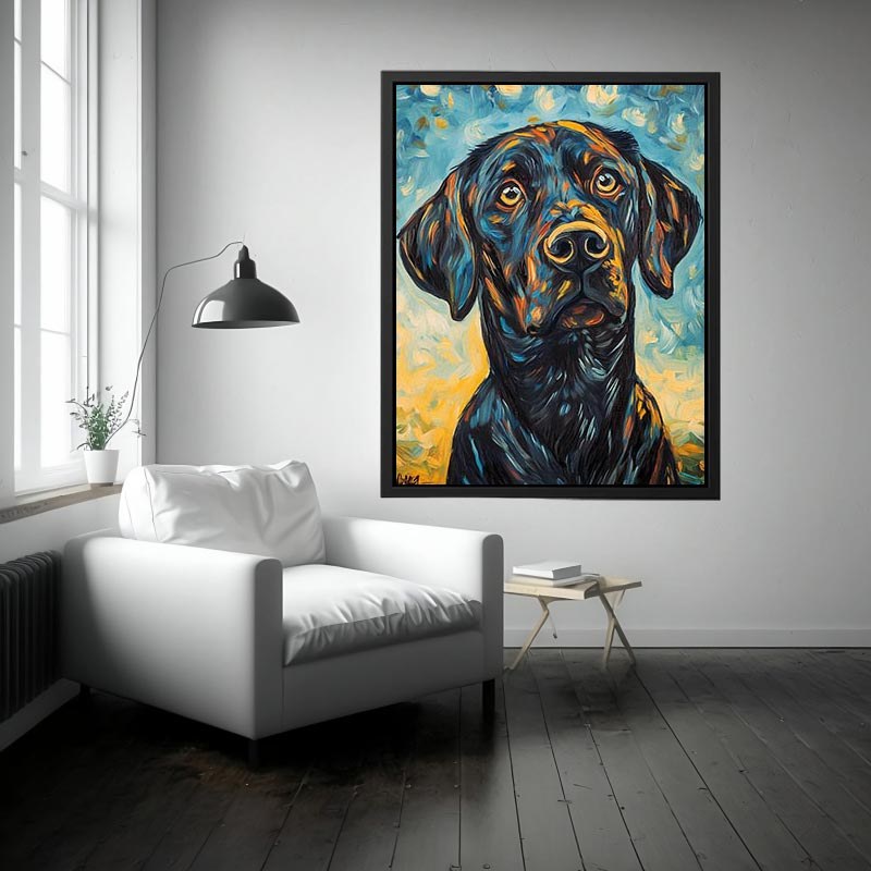 Black Labrador expressionist canvas art for modern living room decor.