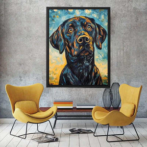 Black Labrador expressionist canvas art for modern living room decor.