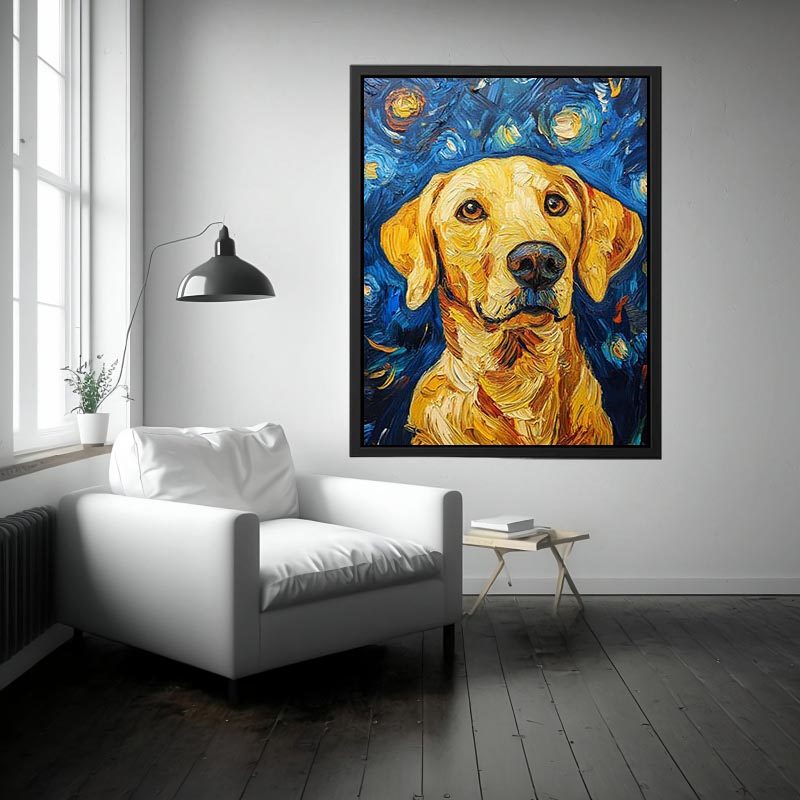 Yellow Labrador starry night canvas art for warm living room decor.