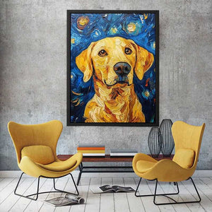 Yellow Labrador starry night canvas art for warm living room decor.