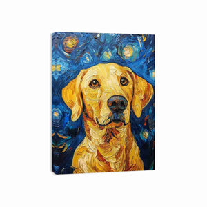 Yellow Labrador starry night canvas art for warm living room decor.