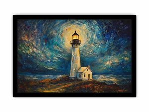 Coastal lighthouse canvas art with moonlit sky and ocean waves for elegant living room decor.