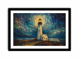 Coastal lighthouse canvas art with moonlit sky and ocean waves for elegant living room decor.