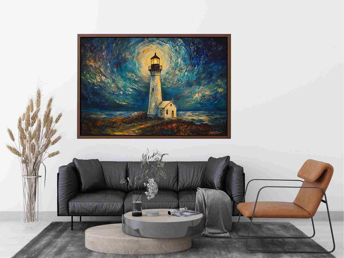 Coastal lighthouse canvas art with moonlit sky and ocean waves for elegant living room decor.