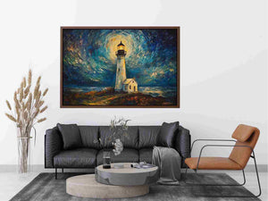 Coastal lighthouse canvas art with moonlit sky and ocean waves for elegant living room decor.