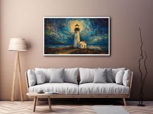 Coastal lighthouse canvas art with moonlit sky and ocean waves for elegant living room decor.