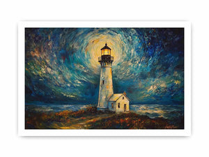 Coastal lighthouse canvas art with moonlit sky and ocean waves for elegant living room decor.