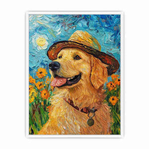 Golden retriever with straw hat canvas art for cheerful living room decor.