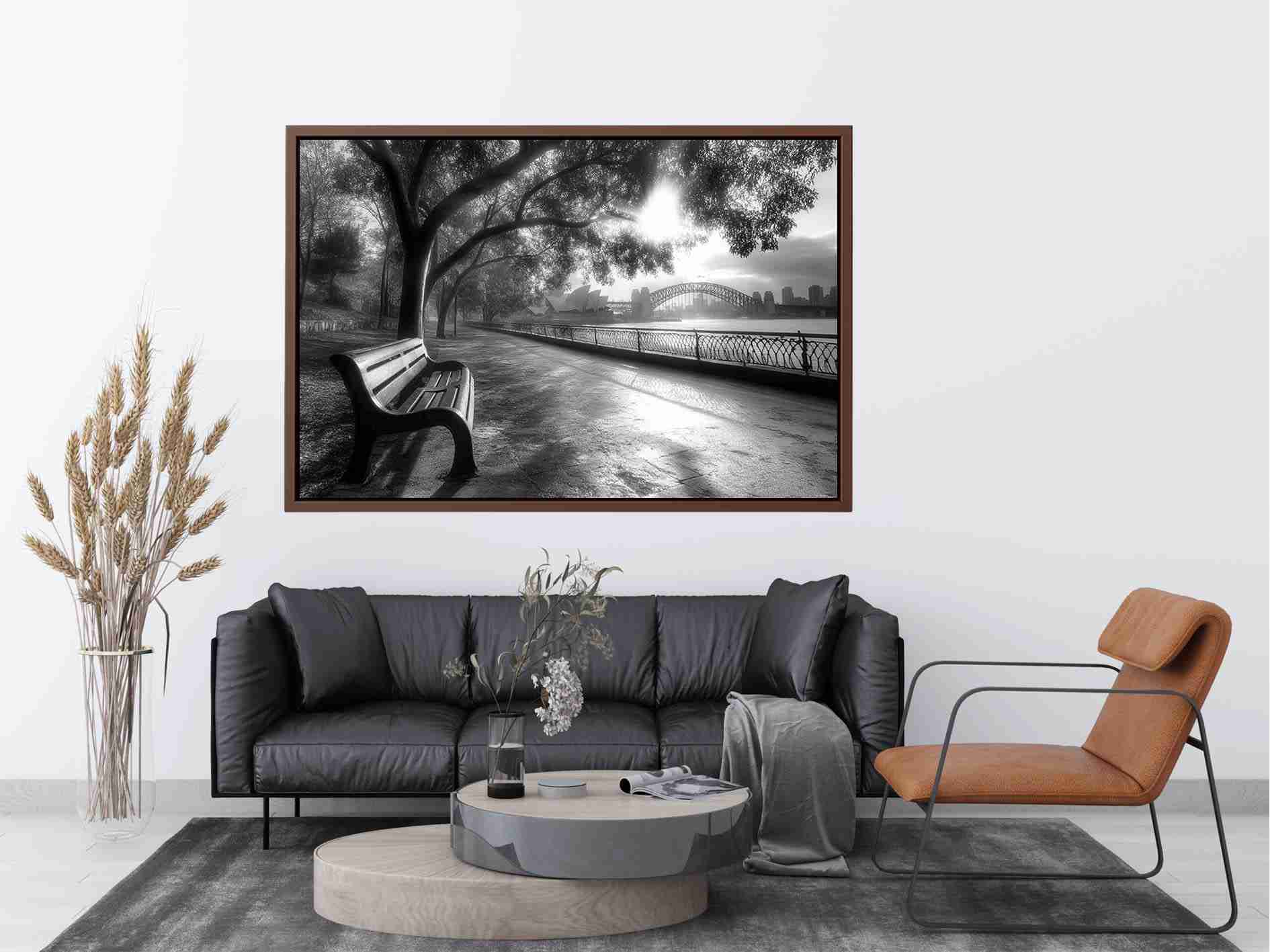 Black and white Sydney harbour photography for office wall decor.