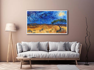 Moonlit savannah landscape canvas art with lone tree and swirling night sky for elegant living room decor