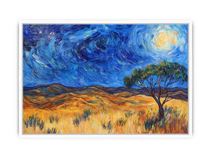 Moonlit savannah landscape canvas art with lone tree and swirling night sky for elegant living room decor