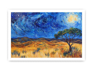 Moonlit savannah landscape canvas art with lone tree and swirling night sky for elegant living room decor