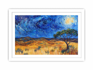 Moonlit savannah landscape canvas art with lone tree and swirling night sky for elegant living room decor