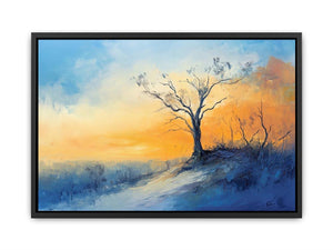 Winter hillside canvas art with solitary tree and soft sunrise colors for calming bedroom decor