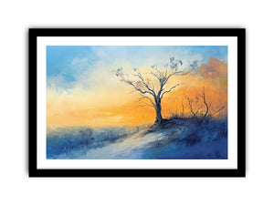 Winter hillside canvas art with solitary tree and soft sunrise colors for calming bedroom decor