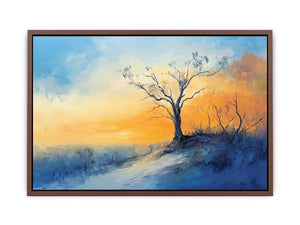 Winter hillside canvas art with solitary tree and soft sunrise colors for calming bedroom decor