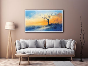 Winter hillside canvas art with solitary tree and soft sunrise colors for calming bedroom decor