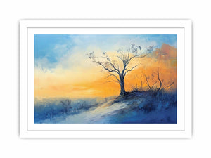 Winter hillside canvas art with solitary tree and soft sunrise colors for calming bedroom decor