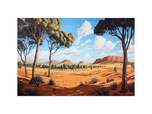 Desert landscape canvas art with trees and mesas for warm modern living room decor