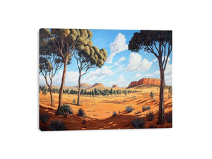 Desert landscape canvas art with trees and mesas for warm modern living room decor