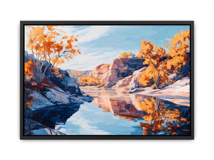 Autumn river canyon canvas art with reflective water for elegant modern interior decor