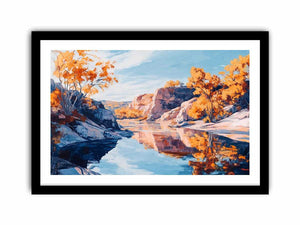 Autumn river canyon canvas art with reflective water for elegant modern interior decor