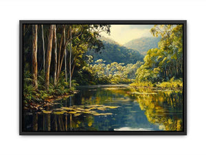 Forest river canvas art with lush trees and reflections for serene living room decor