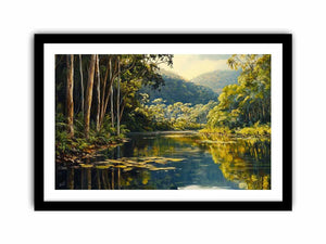 Forest river canvas art with lush trees and reflections for serene living room decor