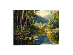 Forest river canvas art with lush trees and reflections for serene living room decor