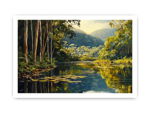 Forest river canvas art with lush trees and reflections for serene living room decor