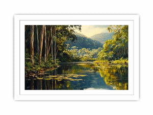 Forest river canvas art with lush trees and reflections for serene living room decor