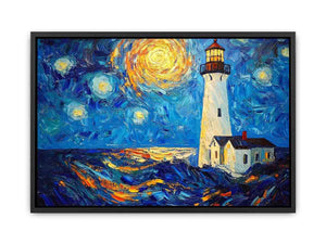 Coastal lighthouse canvas art with starry moonlit sky and ocean waves for modern living room decor.