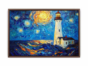 Coastal lighthouse canvas art with starry moonlit sky and ocean waves for modern living room decor.