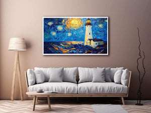 Coastal lighthouse canvas art with starry moonlit sky and ocean waves for modern living room decor.